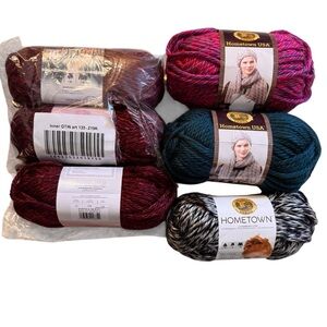 Lion Brand Hometown 6 Skeins Yarn 4 Colors Merlot Peacock Azalea Anchorage Lot